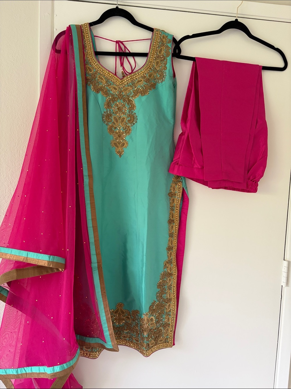 Turquoise & Hot Pink Embroidered Salwar Kameez